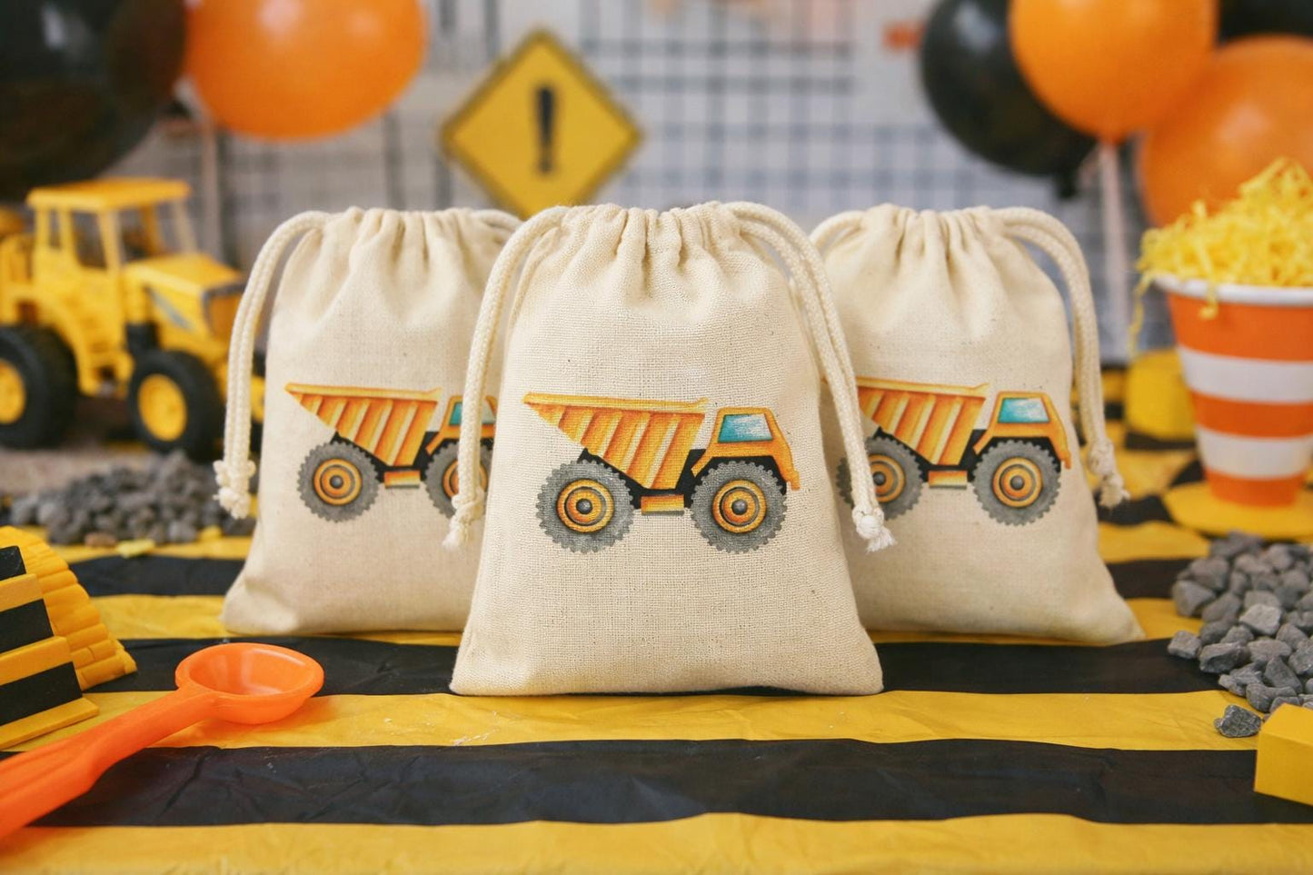 Construction Truck Party Favor Bags – Cotton Canvas Drawstring Treat Bags