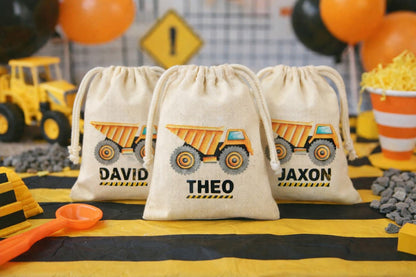 Personalized Construction Dump Truck Party Favor Bags – Cotton Canvas Drawstring Treat Bags
