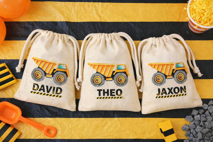 Personalized Construction Dump Truck Party Favor Bags – Cotton Canvas Drawstring Treat Bags