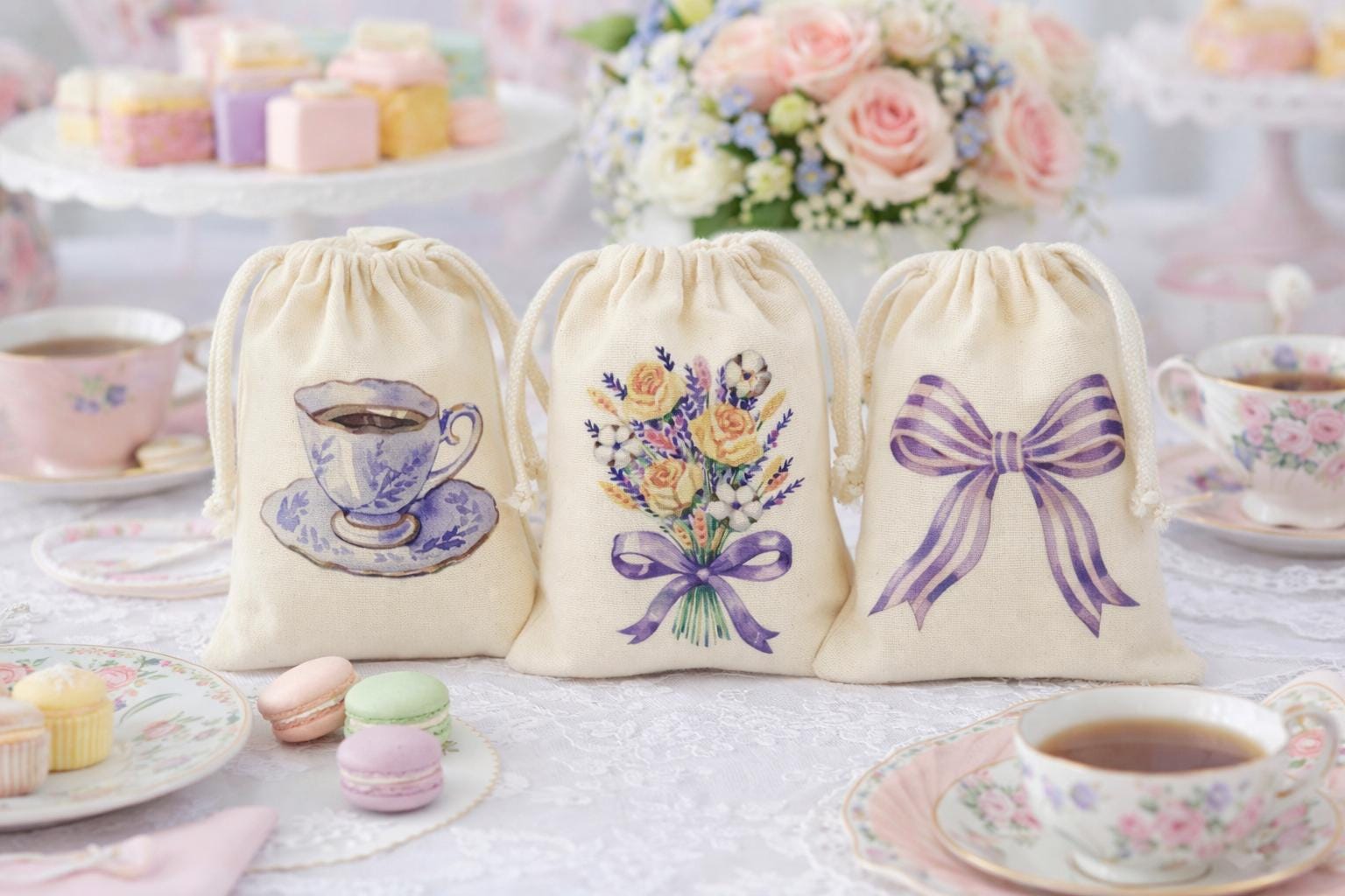 Set of Three Tea Party Favor Bags