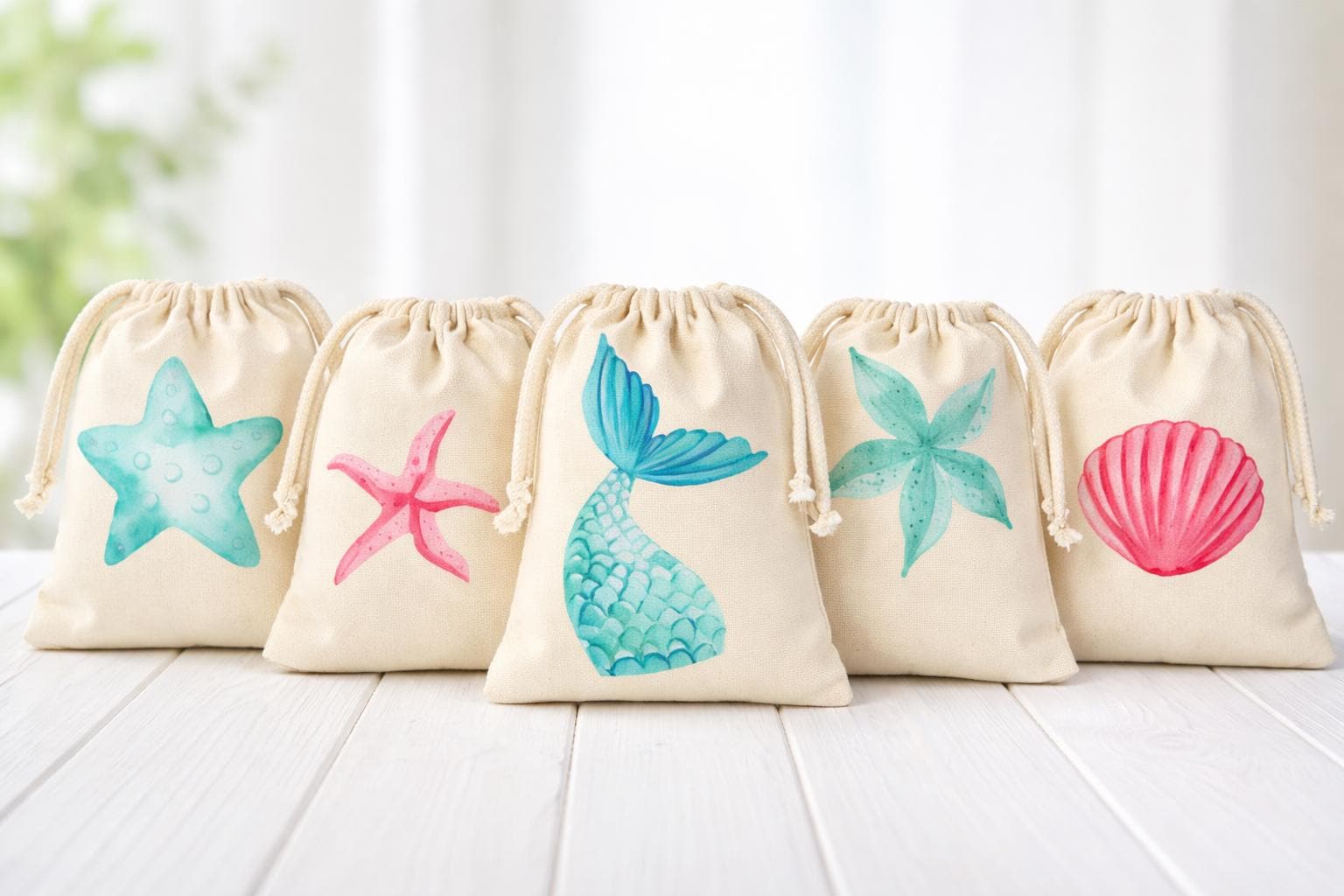 Set of Six Mermaid Party Favor Bags - Drawstring