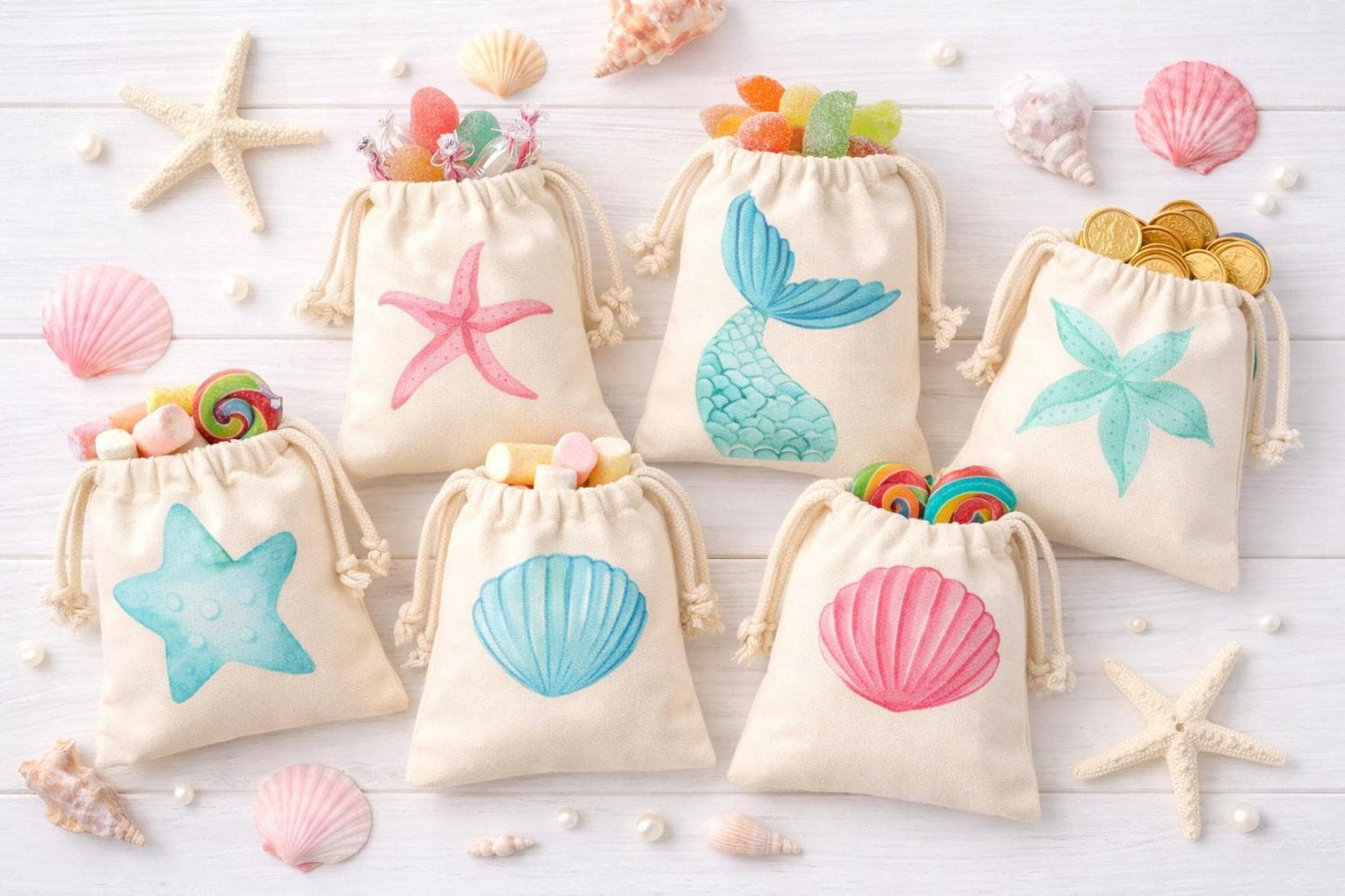 Set of Six Mermaid Party Favor Bags - Drawstring