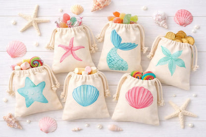 Set of Six Mermaid Party Favor Bags - Drawstring