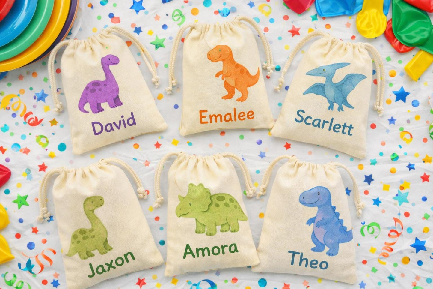 Set of Six Personalized Dinosaur Birthday Party Favor Bags