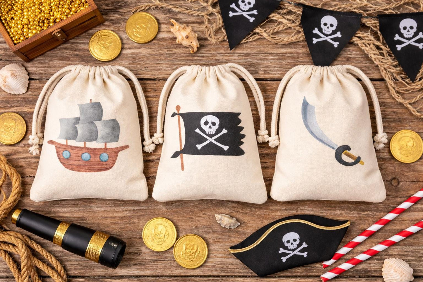 Set of Three Pirate Party Favor Bags