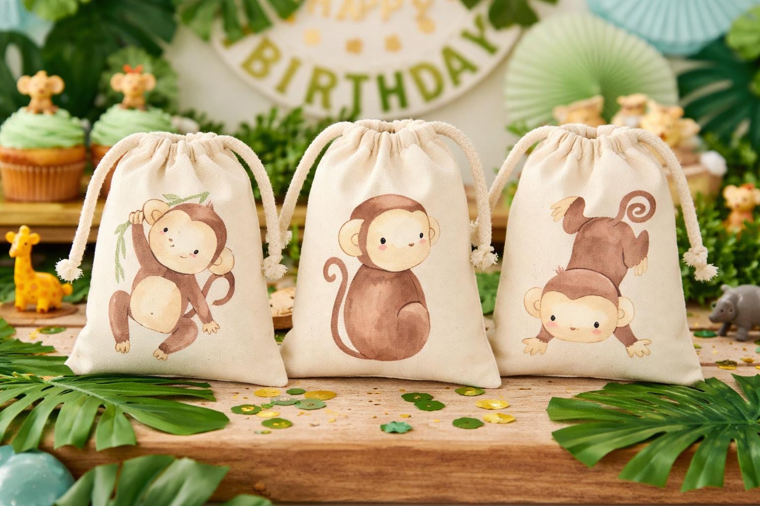 Set of Three Jungle Party Favor Bags with Monkeys – Safari Birthday Goody Bags