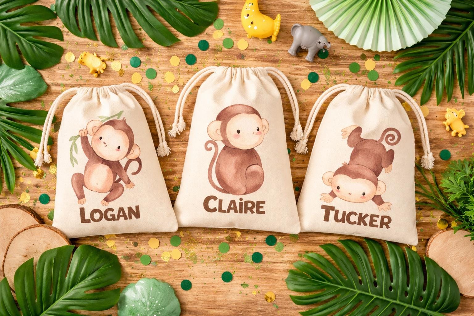 Set of Three Personalized Jungle Party Favor Bags with Monkeys – Safari Birthday Goody Bags