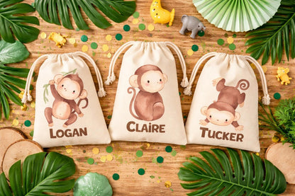 Set of Three Personalized Jungle Party Favor Bags with Monkeys – Safari Birthday Goody Bags