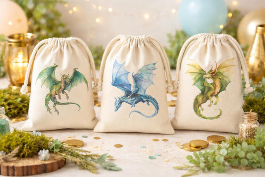 Set of Three Dragon Party Favor Bags: Cotton Treat Bags - Sold Individually
