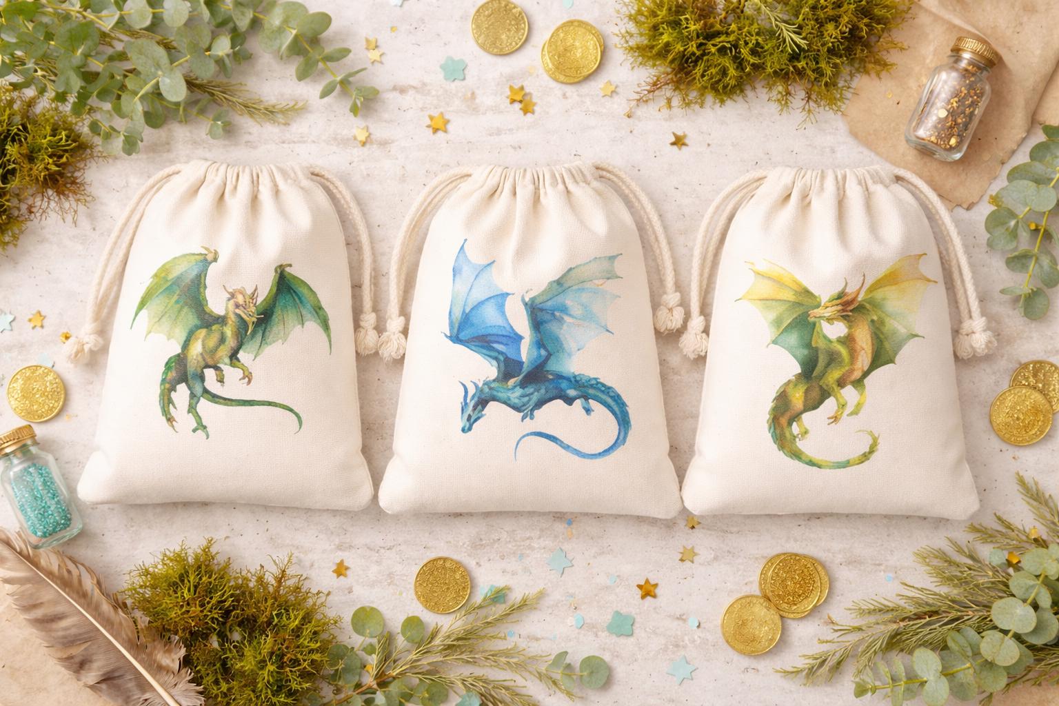 Set of Three Dragon Party Favor Bags: Cotton Treat Bags - Sold Individually