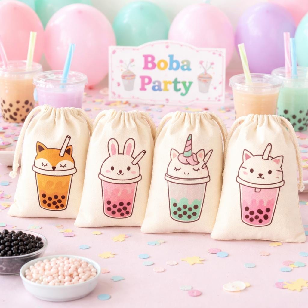 Kawaii Boba Tea Party Favor Bags - Set of Four Bags
