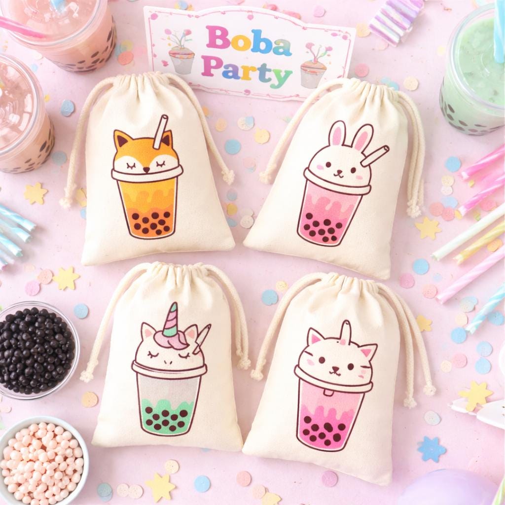 Kawaii Boba Tea Party Favor Bags - Set of Four Bags