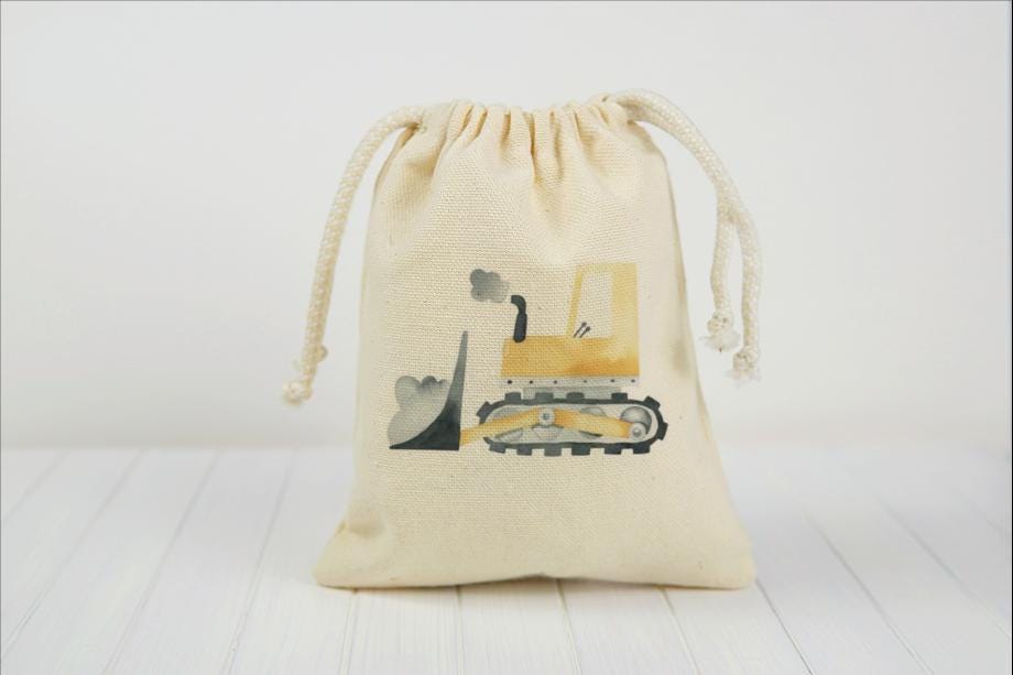Construction Truck Party Favor Bags – Set of Three Cotton Canvas Drawstring Treat Bags