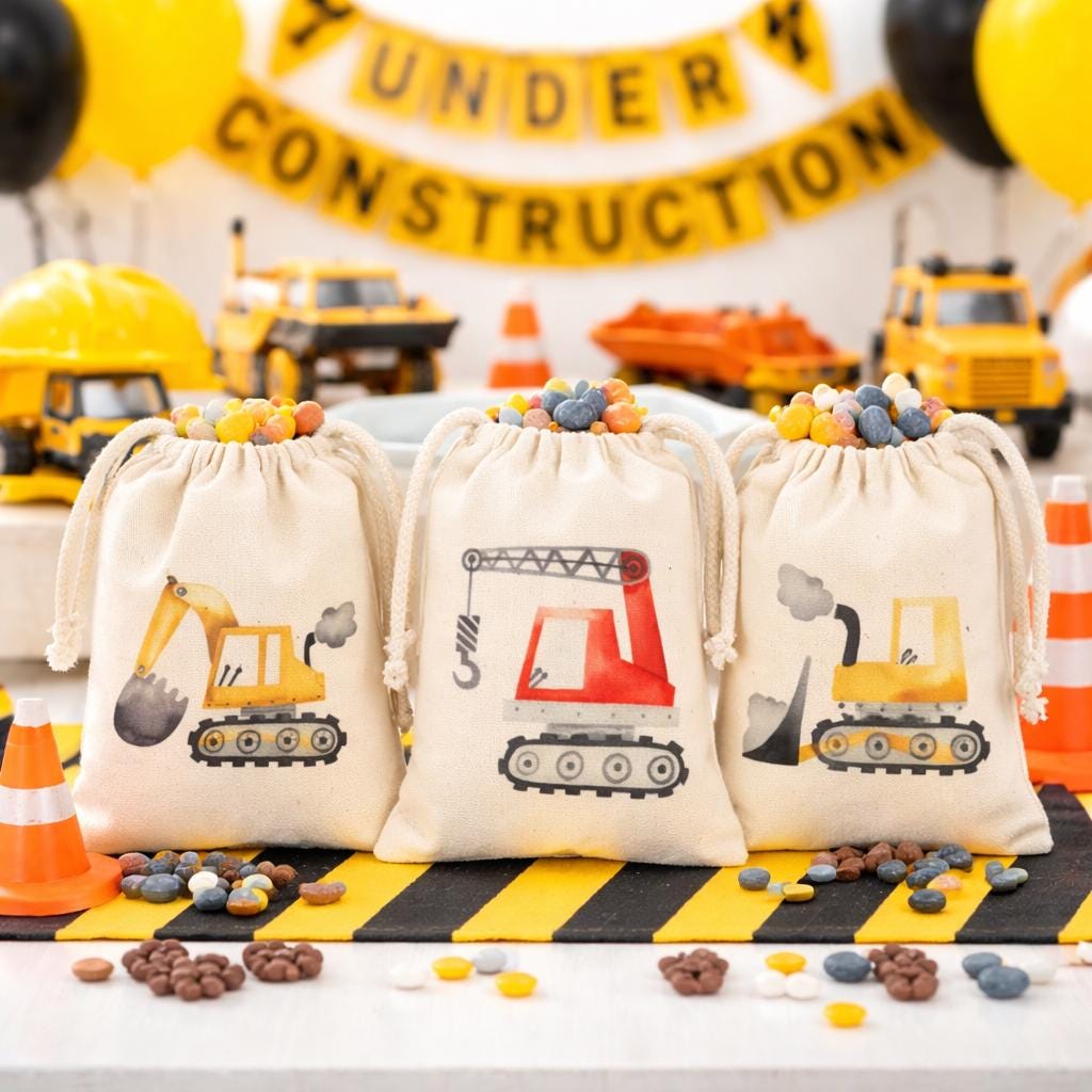 Construction Truck Party Favor Bags – Set of Three Cotton Canvas Drawstring Treat Bags