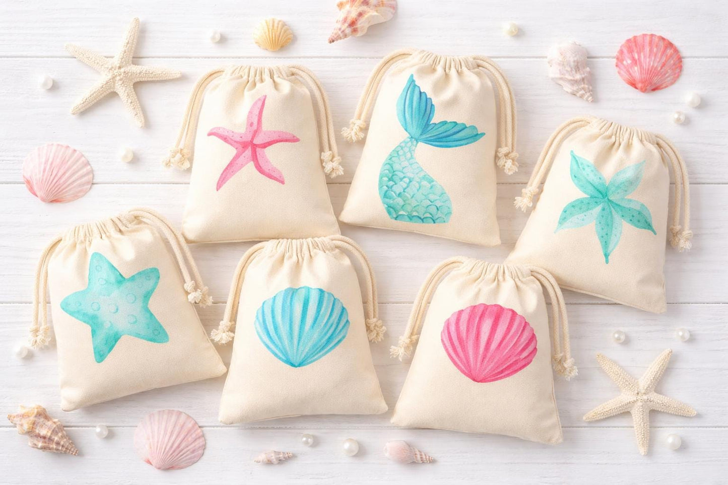 Set of Six Mermaid Party Favor Bags - Drawstring