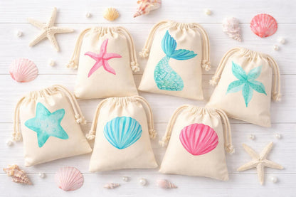 Set of Six Mermaid Party Favor Bags - Drawstring