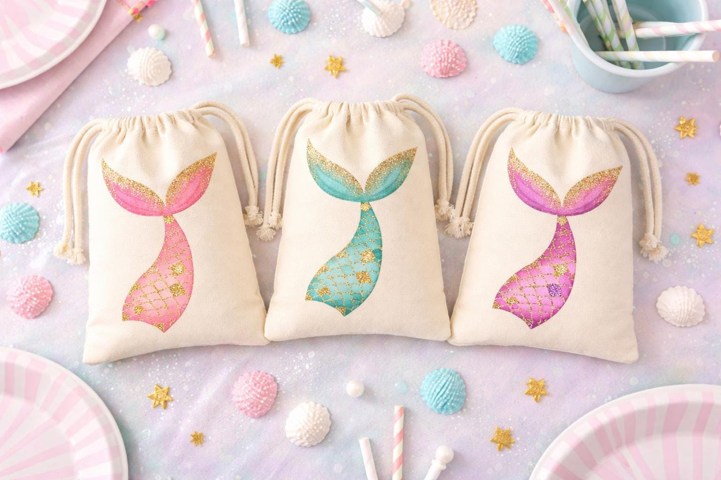 Set of Three Mermaid Tail Party Favor Goodie Treat Bags - Drawstring