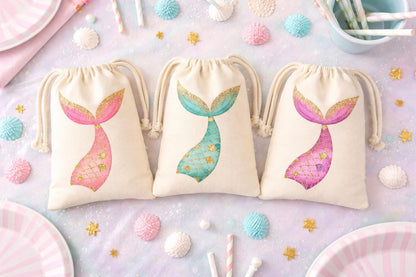 Set of Three Mermaid Tail Party Favor Goodie Treat Bags - Drawstring