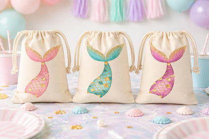 Set of Three Mermaid Tail Party Favor Goodie Treat Bags - Drawstring