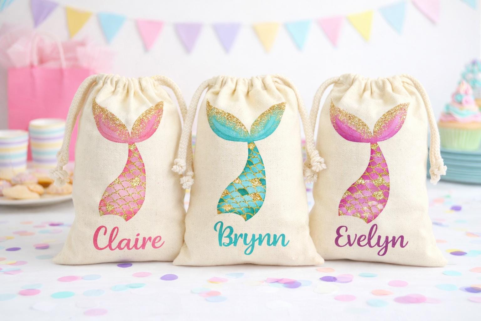 Personalized Set of Three Mermaid Tail Party Favor Goodie Treat Bags - Drawstring