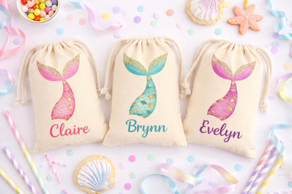 Personalized Set of Three Mermaid Tail Party Favor Goodie Treat Bags - Drawstring