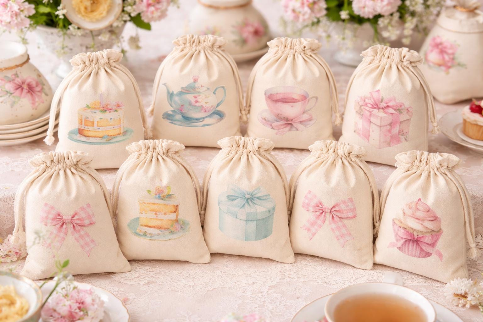 Set of Nine Tea Party Favor Bags