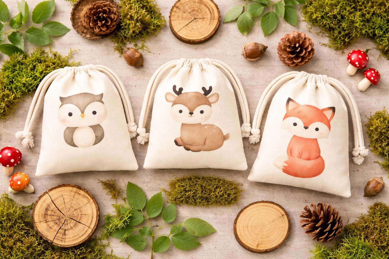 Set of Three Woodland Party Favor Goodie Treat Bags - Drawstring