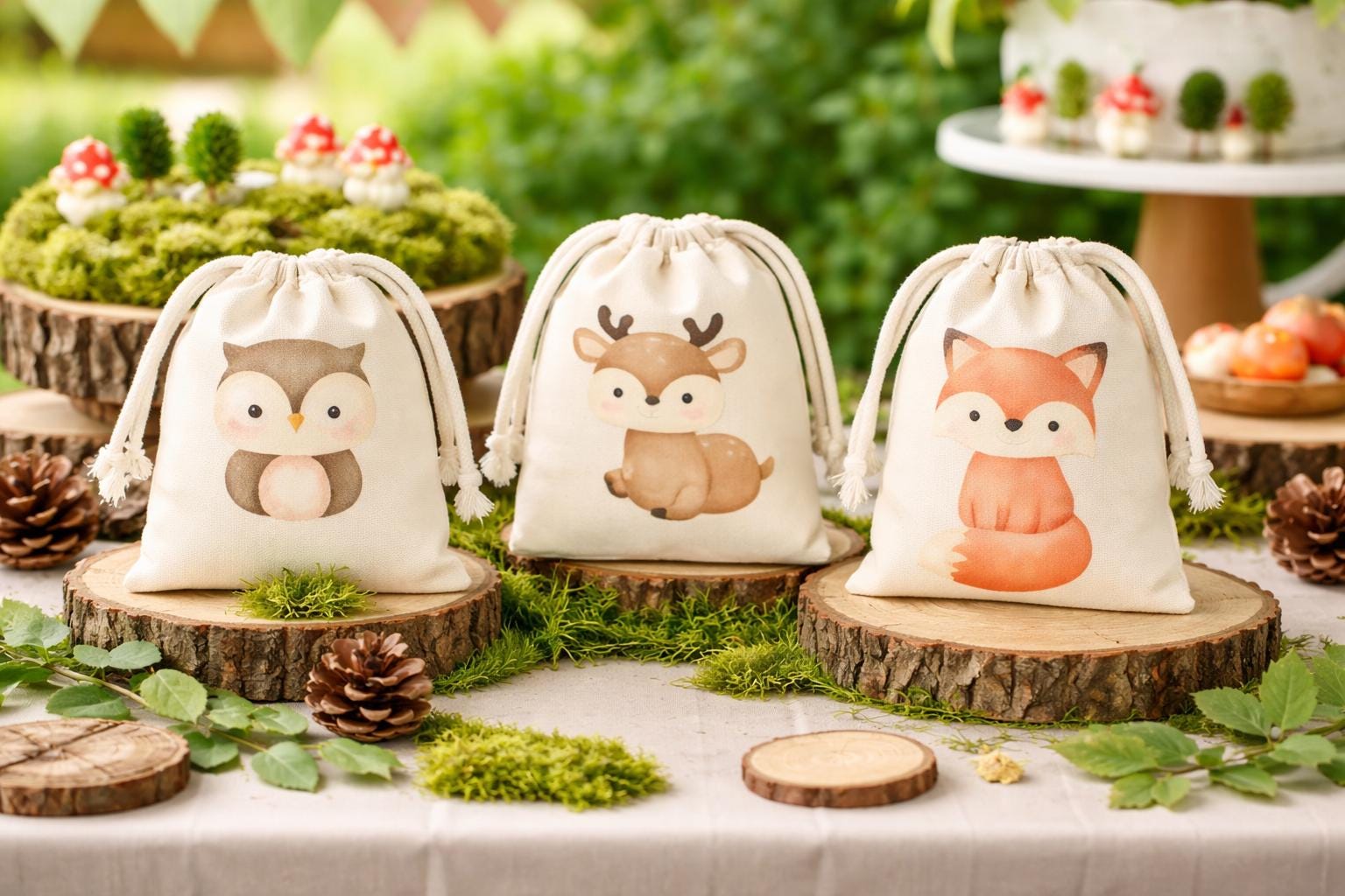 Set of Three Woodland Party Favor Goodie Treat Bags - Drawstring