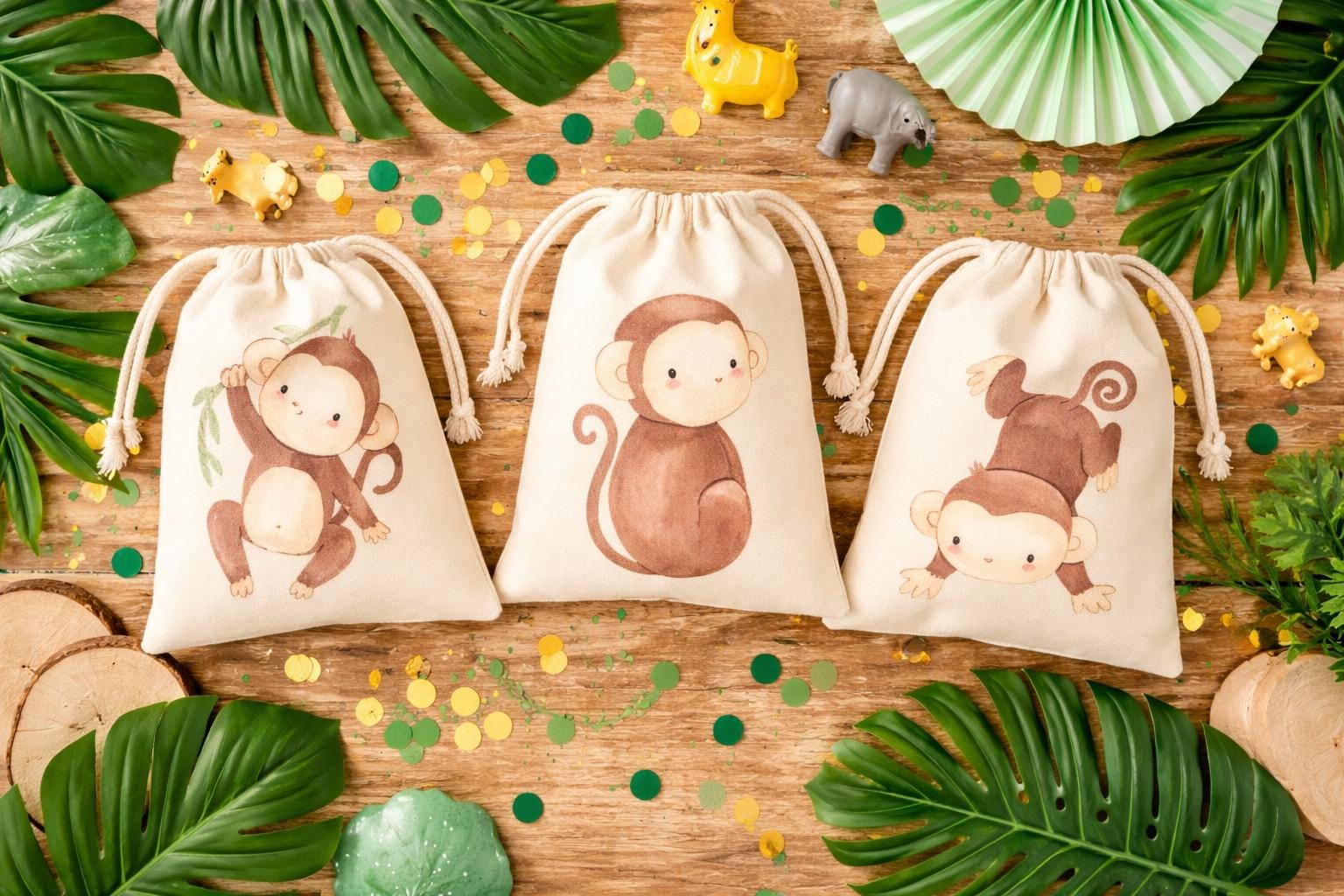 Set of Three Jungle Party Favor Bags with Monkeys – Safari Birthday Goody Bags