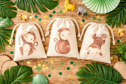 Set of Three Jungle Party Favor Bags with Monkeys – Safari Birthday Goody Bags
