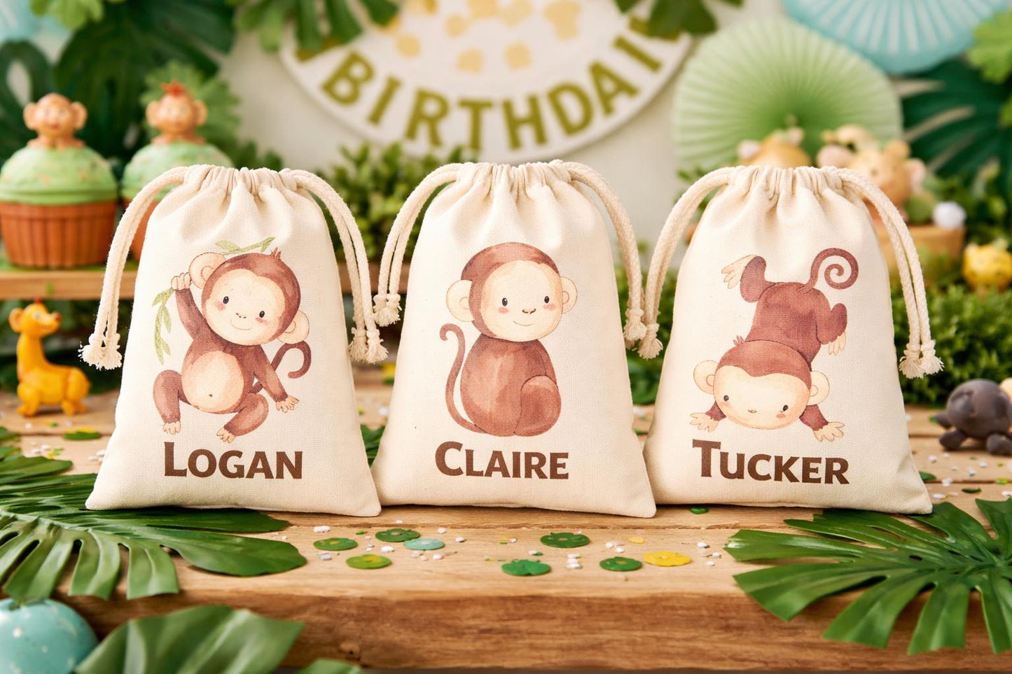 Set of Three Personalized Jungle Party Favor Bags with Monkeys – Safari Birthday Goody Bags