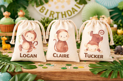 Set of Three Personalized Jungle Party Favor Bags with Monkeys – Safari Birthday Goody Bags